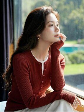 Basic House Vintage red wool-blend knit top, faux two-piece long sleeve NWT